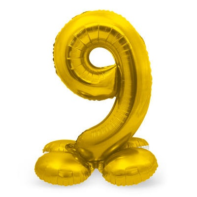 Folieballon 9 Met Voetje Goud 3 Folieballon 9 Met Voetje Goud