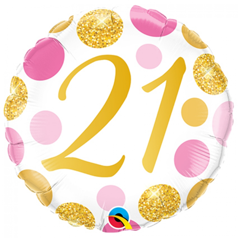 Folieballon Pink En Gold Dots 21 Jaar 3 Folieballon Pink En Gold Dots 21 Jaar