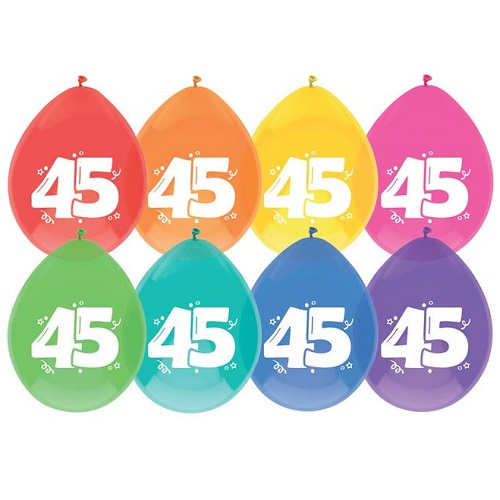 Ballonnen 45 Jaar Gekleurd 8 Stuks 3 Ballonnen 45 Jaar Gekleurd 8 Stuks